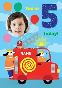 Tap to view 5 Today Fire Truck Photo Birthday Card